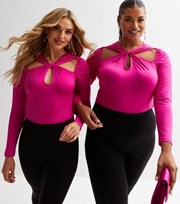 New Look Starring Role Bright Pink Long Sleeve Twist Front Bodysuit